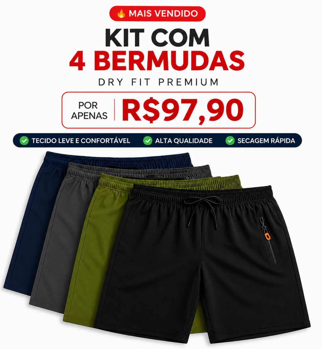 [Leve 4, Pague Só 2] Bermudas Dry Fit Premium Secagem rápida, Bolso com Zíper e Ajuste Anatômico + FRETE GRÁTIS