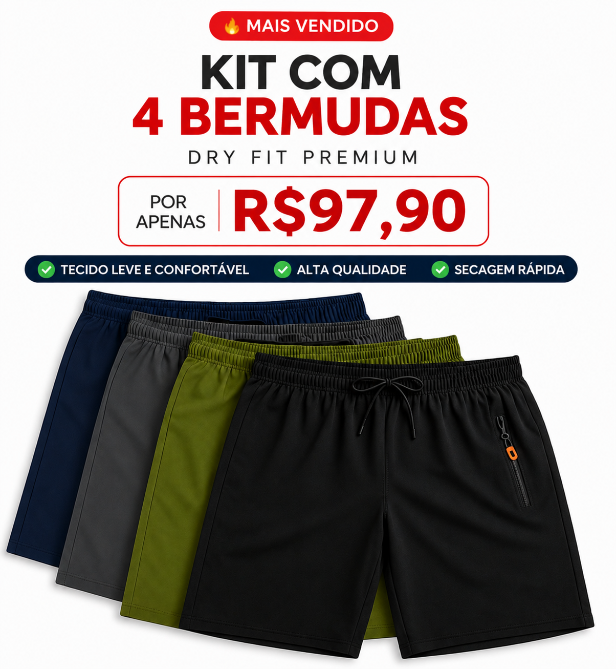 [Leve 4, Pague Só 2] Bermudas Dry Fit Premium Secagem rápida, Bolso com Zíper e Ajuste Anatômico + FRETE GRÁTIS